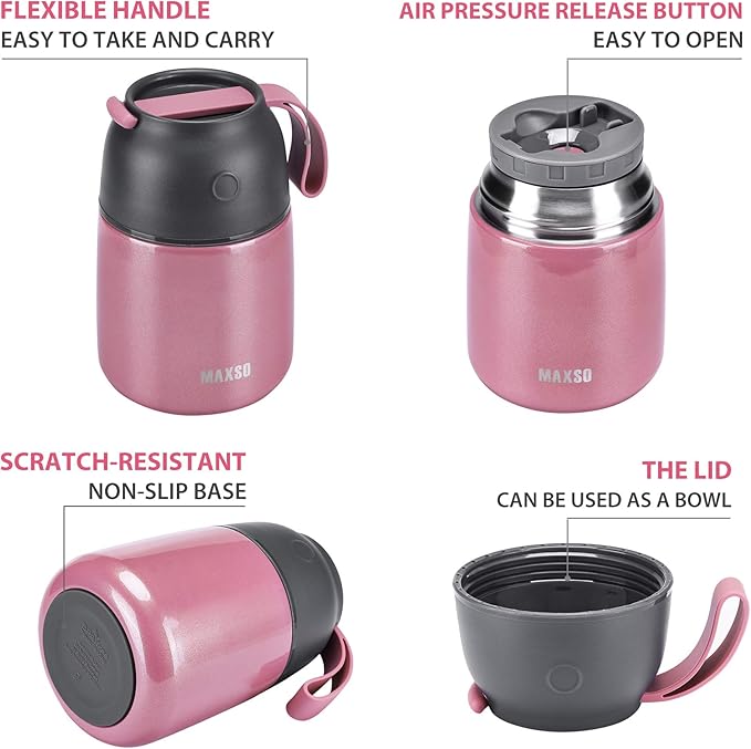 Insulated Food Jar for Hot & Cold Food for Kids Adult,17 oz Soup Thermo Hot Food Containers for Lunch, Triple Layer Insulation Stainless Steel Food Jar with Spoon (Pink)-CubbioJoy