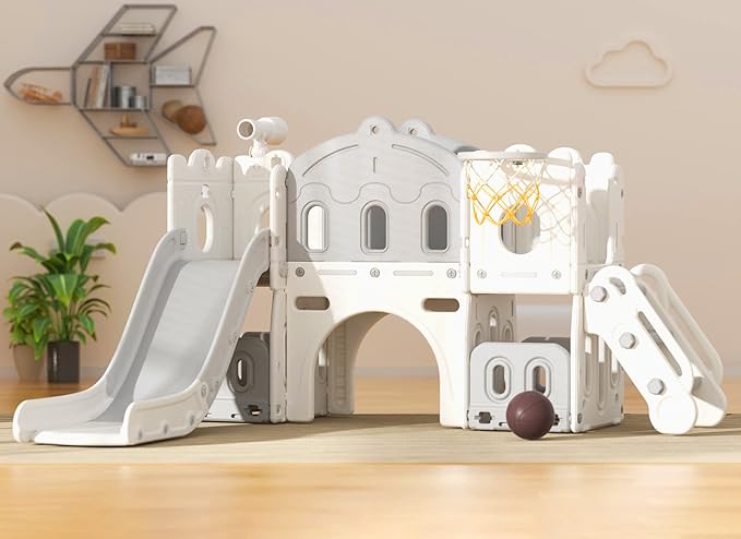 8 in 1 Toddler Slide Set, Kids Slide for Toddlers Age 1-3, Toddler Climber Slide PlaySet with Basketball Hoop,Outdoor Indoor Playground for Toddlers 1-3, White Gray-CubbioJoy