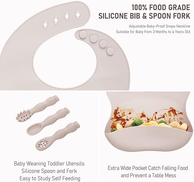 Baby Weaning Set - Silicone Toddler Feeding Set (10 Pcs) with Adjustable Bib, Suction Bowl, Plate, Fork, Spoon, Water & Snack Cup Kit - Baby Led Weaning Kit-CubbioJoy