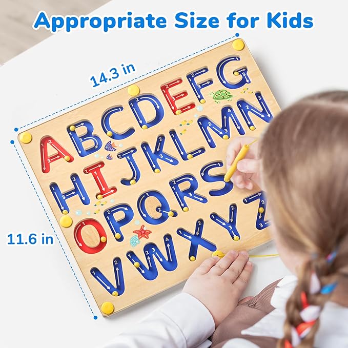 JoyCat Magnetic Letter Tracing Board, Wooden Alphabet Tracing Board for Toddlers ABC Magnets Letter Writing Practice, Magnetic Maze Preschool Learning Educational Toys for Kids 3-5-CubbioJoy