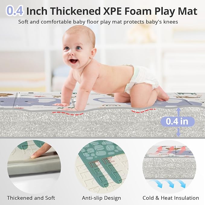 79x71 Foldable Baby Play Mat for Floor, Extra Large Non-Toxic Tummy Time and Crawling Playmat, Thick Foam Play Mat for Baby, Reversible Portable Babies Floor Mats for Infant, Toddler-CubbioJoy
