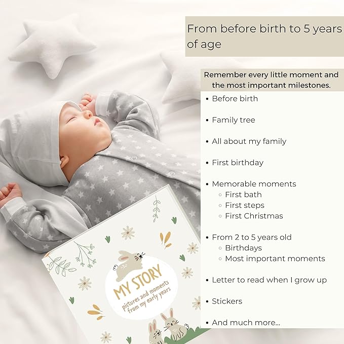 Baby Book Keepsake Gender Neutral to Paste Photos and Writing with +50 Pages and Stickers - Baby Memory Book from the First Year to 5th - Newborn Gifts, Baby Shower and Gender Reveal-CubbioJoy