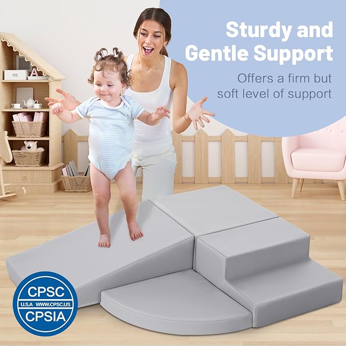 4-Piece PU Leather Baby Foam Climbing Blocks for Toddlers - Soft Play Climbing Toys for Toddlers - Foam Climbing Set for Crawling and Sliding Indoor (Gray)-CubbioJoy