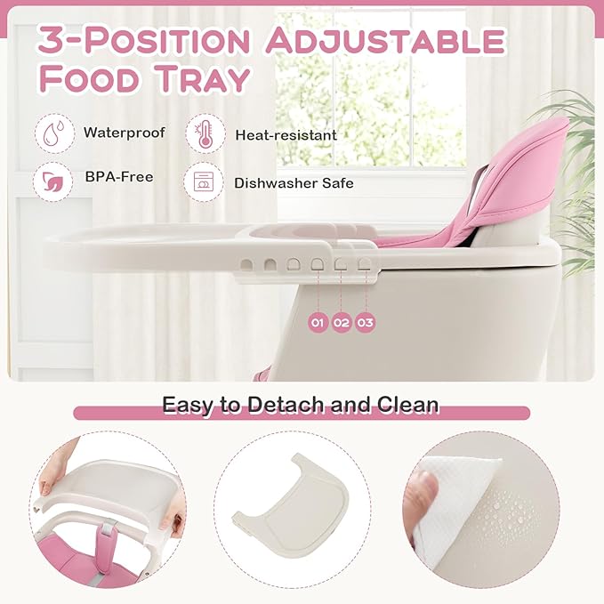 BABY JOY Convertible Baby High Chair, 3 in 1 Wooden Highchair/Booster/Chair with Removable Tray, Adjustable Legs, 5-Point Harness, PU Cushion and Footrest for Baby, Infants, Toddlers (Pink)-CubbioJoy