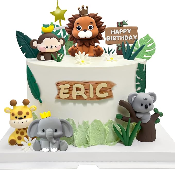 22PCS Safari Animal Cake Toppers & Wild One Birthday Decorations - Jungle Cake Topper with Leaves for Animal Themed Birthday Party Decorations, Safari Cake Decorations for Zoo Theme Cakes Accessories-CubbioJoy