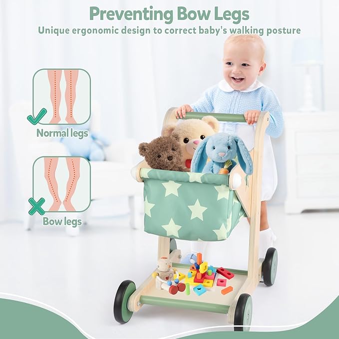 Asweets 2 in 1 Wooden Baby Walker Push and Pull Doll Stroller, Shopping Cart Learning Walker for Boys and Girls, Sit Stand Learning Toddler Toy (Green)-CubbioJoy