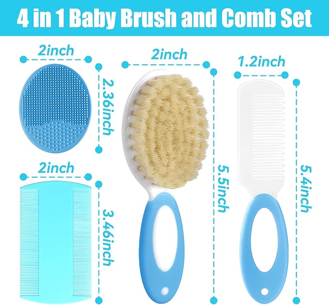 Baby Hair Brush and Comb Set, 4Pcs Baby Soft Bristles Hairbrush Cradle Cap Brush Hair Comb for Newborns Toddlers Boys Girls (Blue)-CubbioJoy