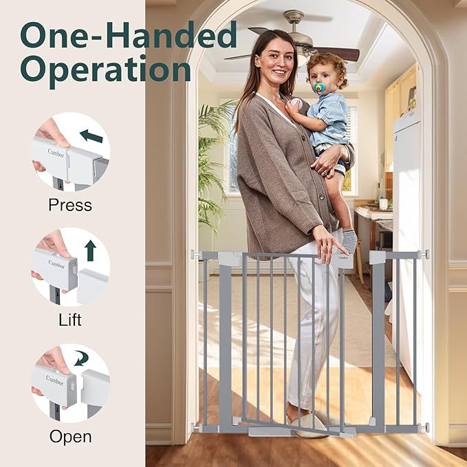 Cumbor 29.7"-40.6" Baby Gate for Stairs, Mom's Choice Awards Winner-Dog Gates for Doorways, Pressure Mounted Auto-Close Pet Gates for Dogs Indoor, Safety Child Gate with Easy Walk Thru Door, Gray-CubbioJoy