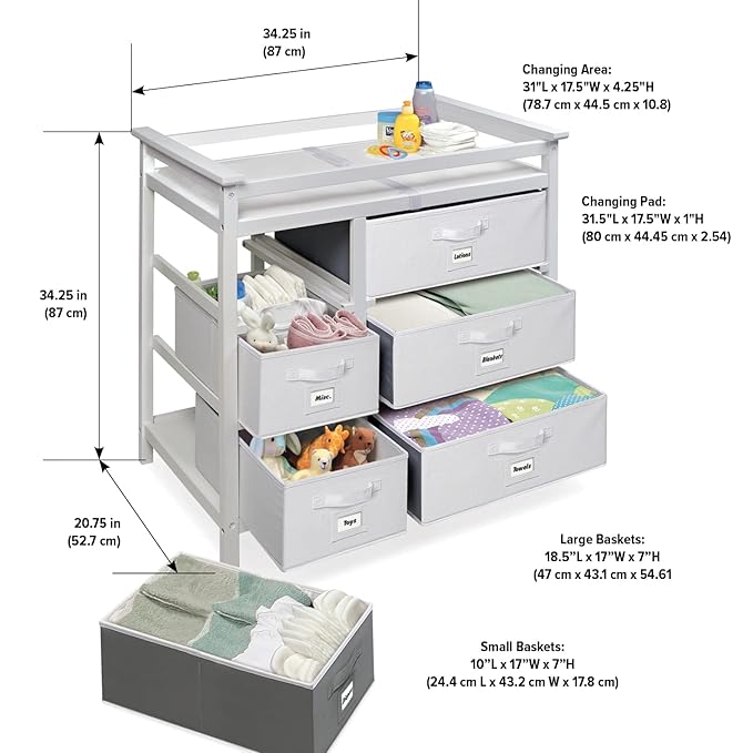 Badger Basket Modern Baby Changing Table - Diaper Station Organizer with 6 Storage Drawers, Reversible Baskets, Safety Rails - Baby Nursery Furniture with Changing Pad and Belt - White-CubbioJoy