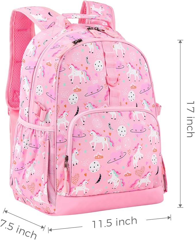 Choco Mocha Unicorn Backpack for Girls, Elementary School Backpack for Girls Ages 6-8 Kids Kindergarten Backpack Bookbag 17 Inch with Chest Strap, Pink-CubbioJoy