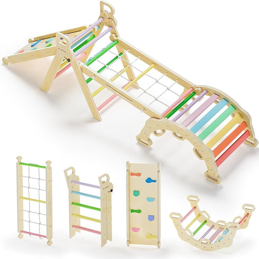 BlueWood 2024 8-in-1 Pikler Triangle Climbing Set Toddler Toys Indoor Baby Jungle Gym Climber Playground for Kids - Rainbow-CubbioJoy