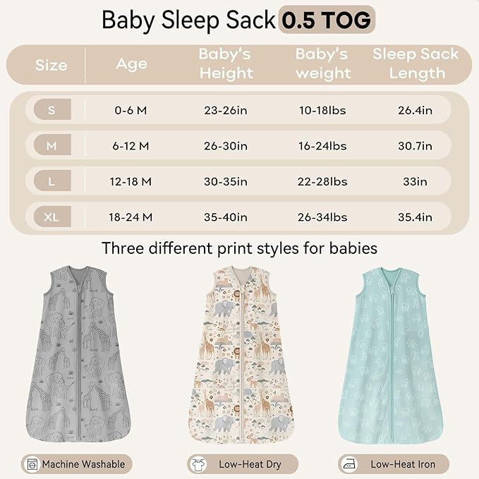 Baby Sleep Sack 0-6 Months 0.5 Tog Wearable Blanket Baby, 3 Pack 100% Cotton Lightweight Sleeping Sack with 2-Way Zipper for Newborn Infant Apricot Gray Green Elephant-CubbioJoy