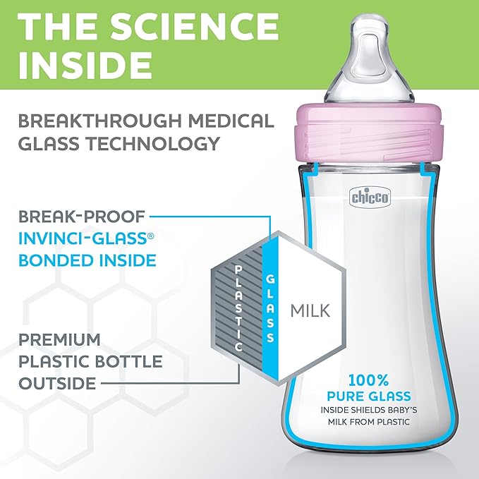 Chicco Duo 9oz. Hybrid Baby Bottle with Invinci-Glass Inside and Plastic Outside | Dishwasher, Bottle Warmer, and Electric Sterilizer Safe | Intui-Latch Nipple | Clear/Pink, 2pk-CubbioJoy