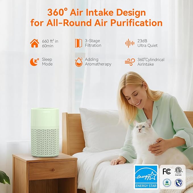 AIRROMI Pets Air Purifier for Home Allergies,Up to 660 ft².Yellow Deodorizing Activated Carbon Filter,With Fragrance Sponge for Better Sleep,Night Light,Pet Dander,Smoke,Odors,Air Cleaner A2002 Green-CubbioJoy