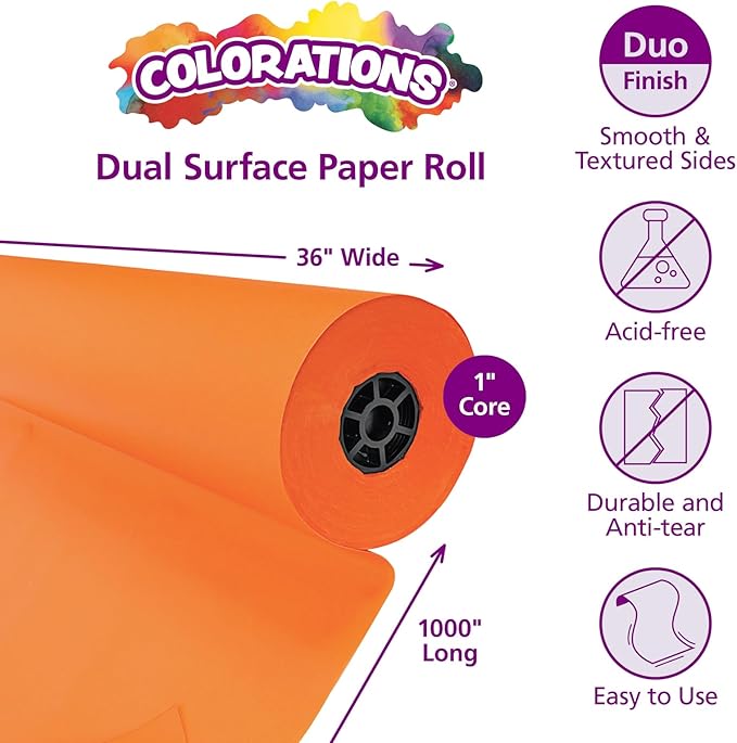 Colorations Arts and Crafts Paper Roll - Orange, Dual Surface, Finger Paints, Painting, Watercolors, Acrylic Paints, Wall Art, Bulletin Board Paper, Kids Crafts (Item # DSOR), 36" x 1000' (1 Roll)-CubbioJoy