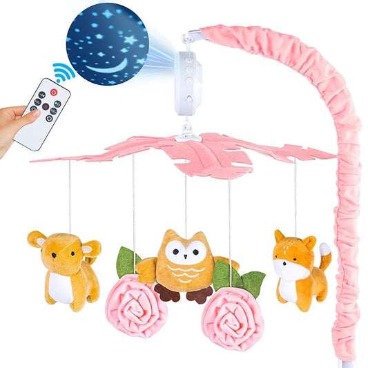 Baby Crib Mobile with Music and Lights, Mobile for Crib with Remote Control, Rotation, Starlight Projection, Crib Toys for Babies Boys Girls(Pink)-CubbioJoy