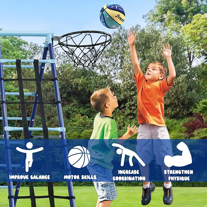 600lbs 6-in-1 Kids Swing Set, Backyard Playset with Belt & Platform Swings, Slide, Climbing Net, Basketball Hoop, Heavy-Duty A-Frame Metal Stand & 6 Anti-Tilt Stakes, Outdoor Gym for Ages 4-12-CubbioJoy