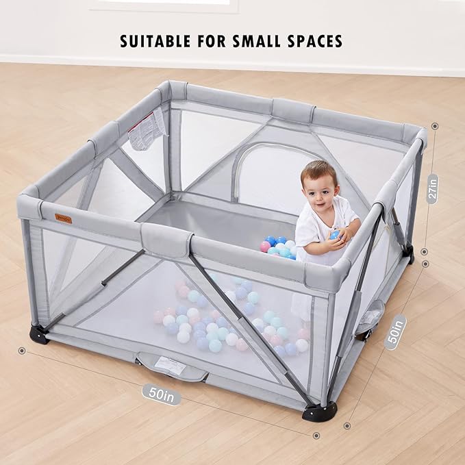 Baby Playpen Foldable, Playard for Babies and Toddlers, Portable Playpen Activity Center with 50 Balls+2 Handles for Travel, Indoor & Outdoor Play Pen with Mesh 50''x50''-CubbioJoy