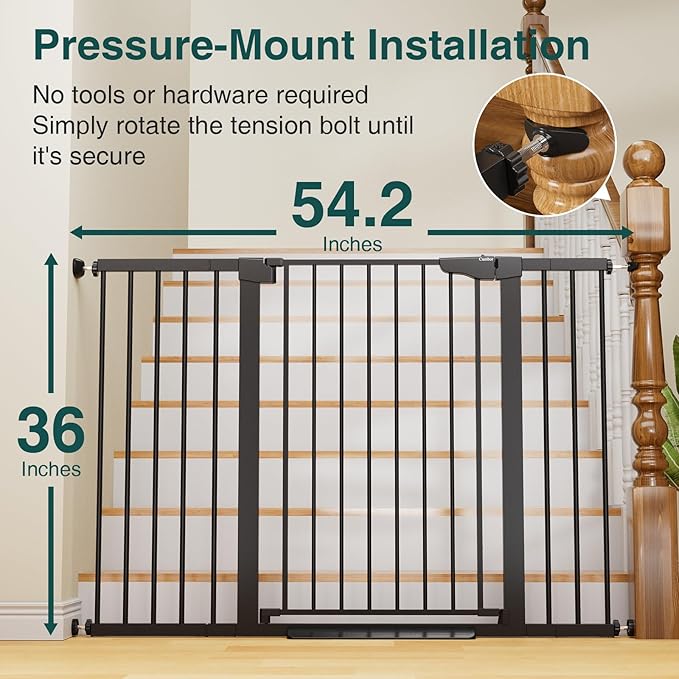 Cumbor 36" Extra Tall Baby Gate for Stairs, 29.7-54.2" Extra Wide Dog Gate for Doorways Hallways, Pressure Mounted Child Gate for Wide Opening, Auto Close Personal Safety for Babies and Pets, Black-CubbioJoy