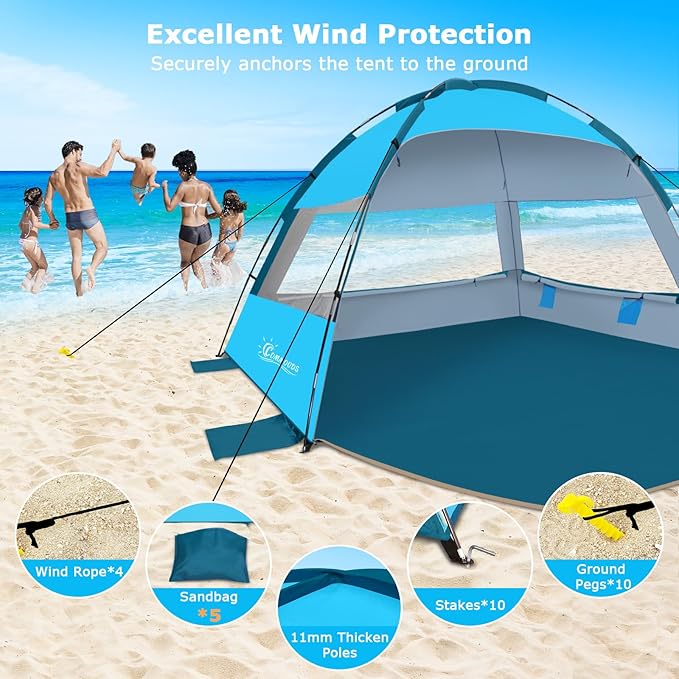 COMMOUDS Beach Tent Sun Shade for 3/4-5/6-7/8-10 Person, UPF 50+ Beach Sun Shelter Canopy Tent, Lightweight, Easy Set Up and Carry-CubbioJoy