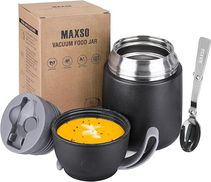 Insulated Thermo Food Jar for Hot & Cold Food for Kids Adult, 17 oz Soup Thermal Hot Food Containers for Lunch, Triple Layer Insulation Stainless Steel Food Jar with Spoon (Black)-CubbioJoy