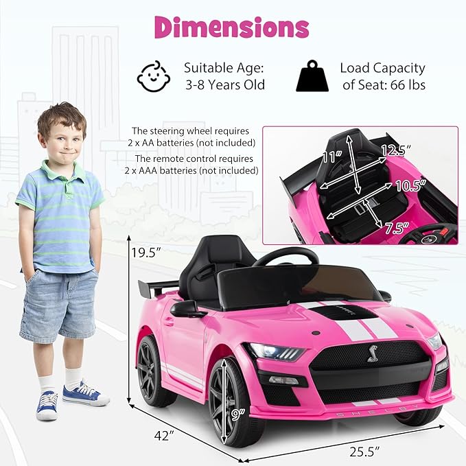 Costzon Ride on Car, 12V Licensed Ford Mustang Shelby GT500 Kids' Electric Vehicles w/Remote Control, USB Port, Radio, Music, Player, High Low Speed & Soft Start, Racing Kids Car for Toddlers (Pink)-CubbioJoy