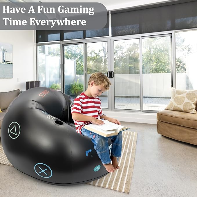 Inflatable Gaming Chair for Kids, Floor Bean Bag Chair for Teens - Boys Room Furniture with Cup Holder and Side Pocket, Inflatable Gaming Couch for Boys Room, Cool Kids Blow Up Couch Decor for Teens-CubbioJoy