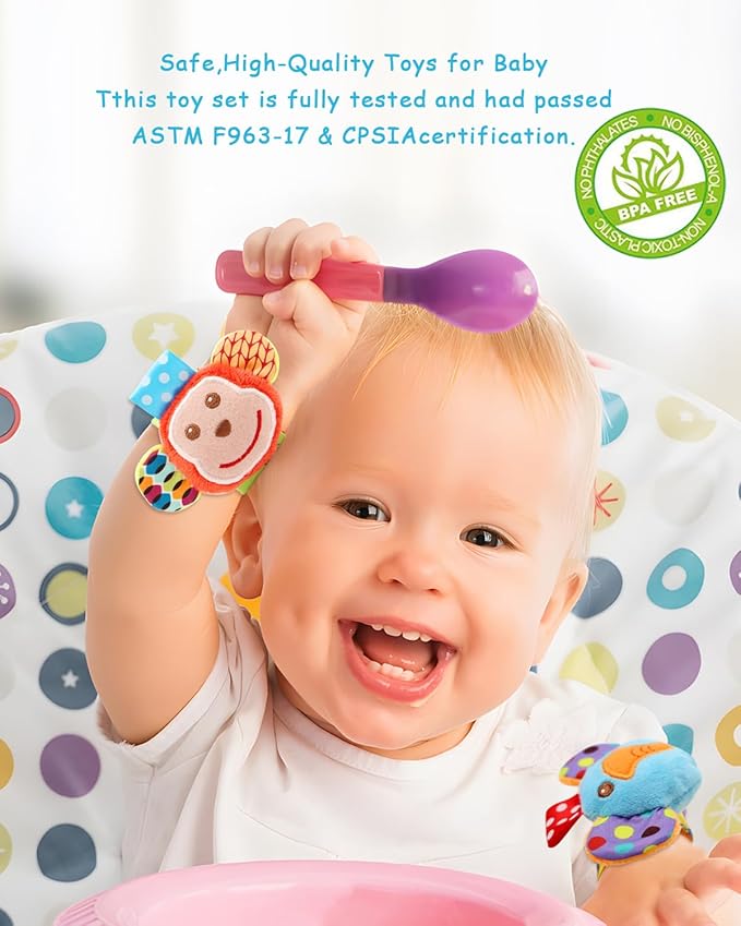 Infant Rattle Socks Toys 0 to 12 Months, Baby Wrist Rattle Foot Finder Socks Set, Birthday Holiday Present for Newborn Boy Girl 0/3/4/6/7/8/9/12/18 Months Kids Toddler, Gift Box Package (4A)-CubbioJoy