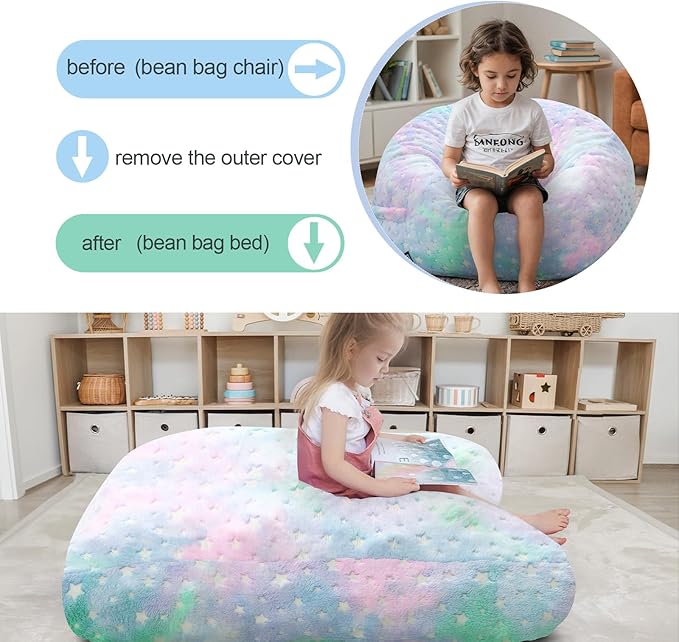 COMAX Kids Bean Bag Chair Turn into Beanbag Bed, Unicorn Toddler Bean Chair for Girl Boy Sleeping, Lazy Children Sofa Couch with Filler, Convertible Child Floor Mattress, Colorful Star-CubbioJoy