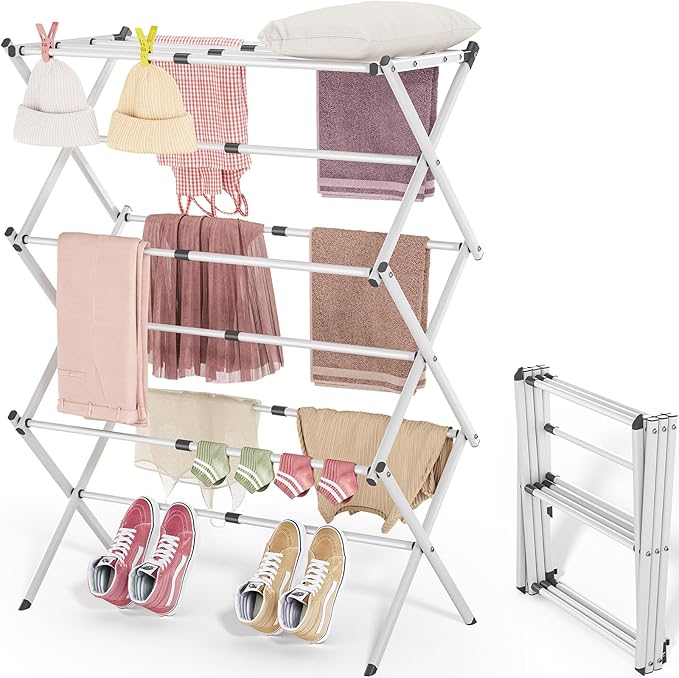 APEXCHASER Clothes Drying Rack, 3-Tier Laundry Drying Rack for Clothes, Expandable Metal Clothing Dryer, Collapsible Towel Rack, Air Drying Rack, White-CubbioJoy