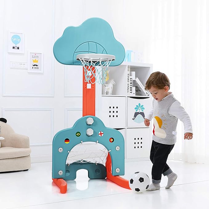 Costzon Kids Basketball Hoop, Toddler Sports Activity Center w/ 5 Adjustable Height Levels, Basketball Soccer Golf Game Set, Indoor Outdoor Basketball Hoop Set Gift for Baby Infant-CubbioJoy