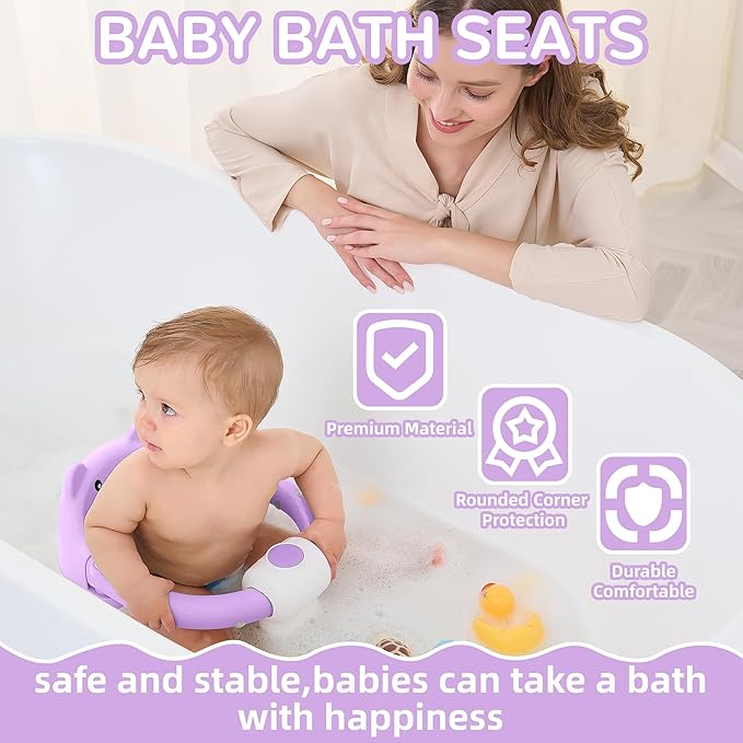 Baby Bath Seat for Babies 6 Months & up, Non-Slip Toddler Bath Seats for Babies Sitting Up, Safe Infant & Newborn Bathtub Chair with 4 Suction Cups & Soft Cushion for Shower,Lavender-CubbioJoy