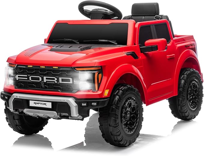 12V Ride on Car Licensed Ford F-150 Raptor, Kids Electric Car with Remote Control, LED Light/Music/MP3, Truck Bed Storage, 3-Point Seat Belt (12V, Red)-CubbioJoy