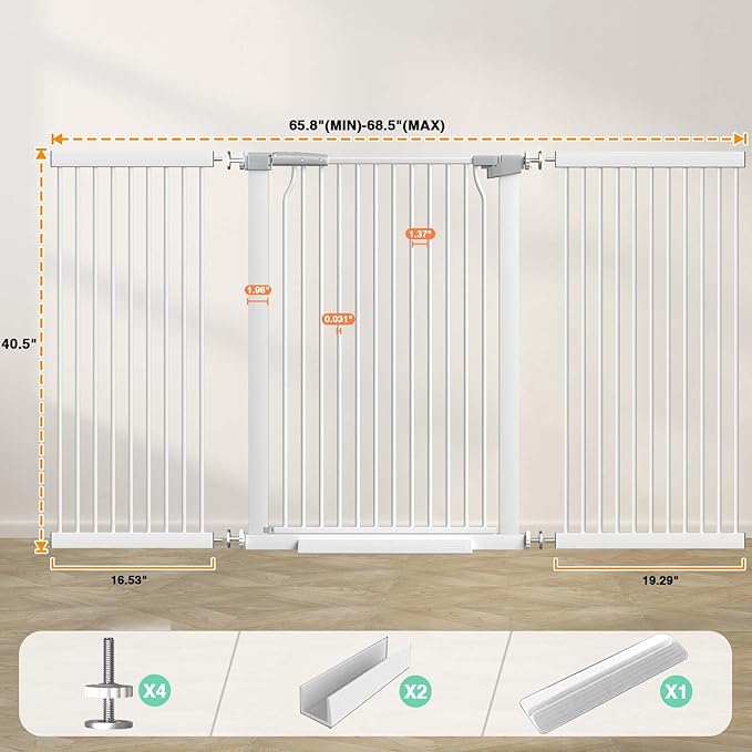 40.5" Extra Tall Baby Gate Pressure Mounted, 65.8"-68.5" Extra Wide Dog Pet Gate Indoor for Doorway, Metal Long Safety Child Gate, Auto Close Swinging Baby Gate for Kids Stairs, White-CubbioJoy