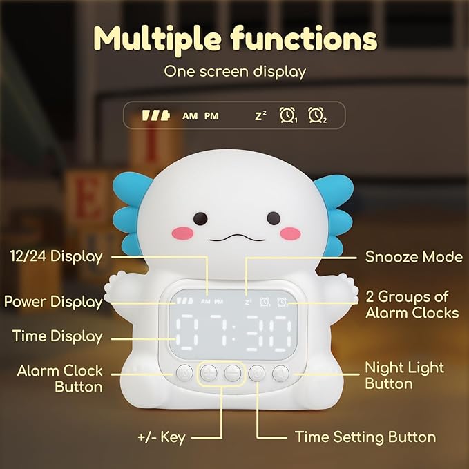 Axolotl Alarm Clock with Night Light for Kids, 7 RGB Color Cute Alarm Clocks for Bedrooms Ok to Wake Clocks, Silicone Animal Tabletop Lamp for Teen Girls Boys, White-CubbioJoy