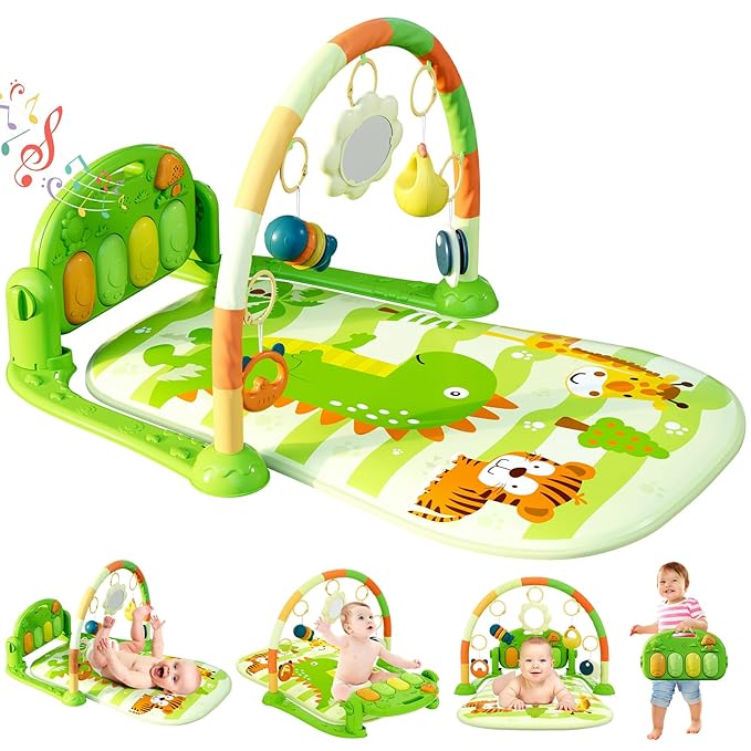 dearlomum Baby Play Mat Gym, Funny Play Piano Tummy Time Activity Mat with 5 Infant Sensory Toys, Music and Lights, Boy & Girl Gifts for Newborns 0 to 3 6 9 12 Months (Green)-CubbioJoy