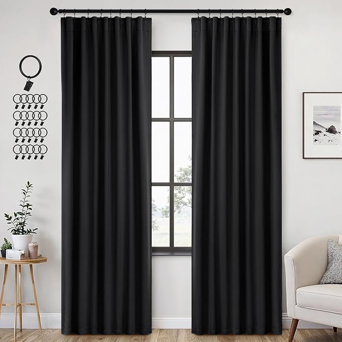 ANRODUO Back Tab Blackout Curtains for Bedroom Living Room, Rod Pocket Pinch Pleated Thermal Insulated Room Darkening Curtains 84 Inches Long 2 Panels, Black, 42 x 84 Inch-CubbioJoy