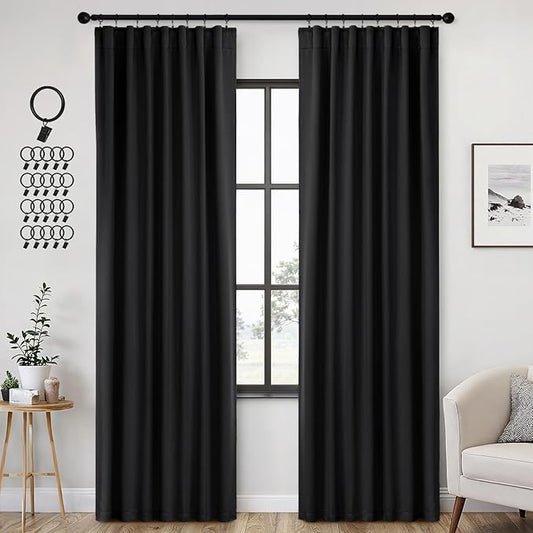 ANRODUO Back Tab Blackout Curtains for Bedroom Living Room, Rod Pocket Pinch Pleated Thermal Insulated Room Darkening Curtains 92 Inches Long 2 Panels, Black, 42 x 92 Inch-CubbioJoy