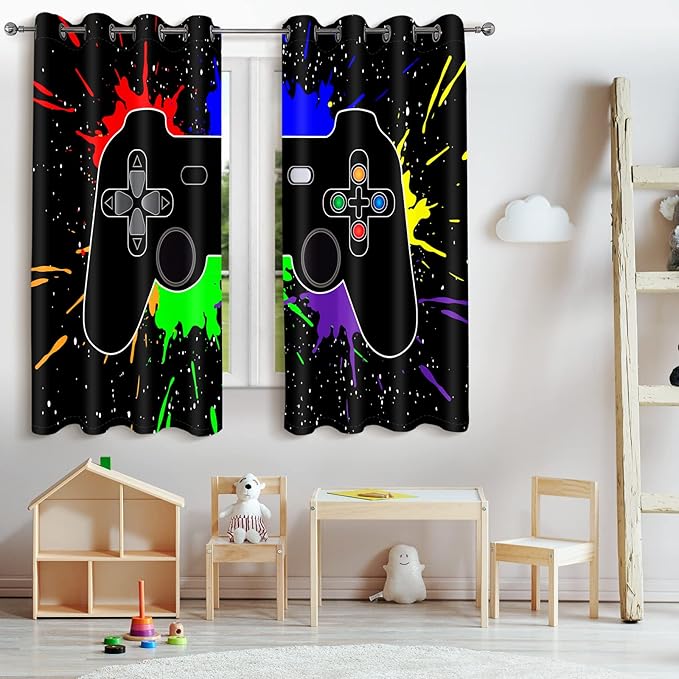 Jekeno Game Controller Blackout Curtains for Kids Boys Teens Bedroom Colorful Video Game Gamer Gaming Gamepad Decor for Home Living Room Grommet Window Drapes 2 Panel Set, 52"x63"-CubbioJoy