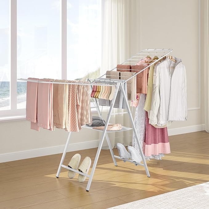 APEXCHASER Drying Rack Clothing, Clothes Drying Rack Foldable, Metal Laundry Drying Rack Collapsible for Sweater Towel Indoor Outdoor, Gullwing Clothes Rack Drying with Height Adjustable Rails, White-CubbioJoy