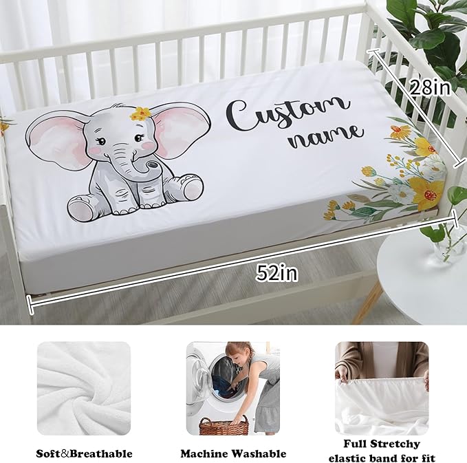 Custom Nursery Crib Bedding Set: 4 Piece Yellow Floral Elephant Design Baby Crib Sets for Girls with Personalized Name - Toddler Double Layer Blanket Set, Comfortable Crib Bed Sheets for Baby Toddlers-CubbioJoy