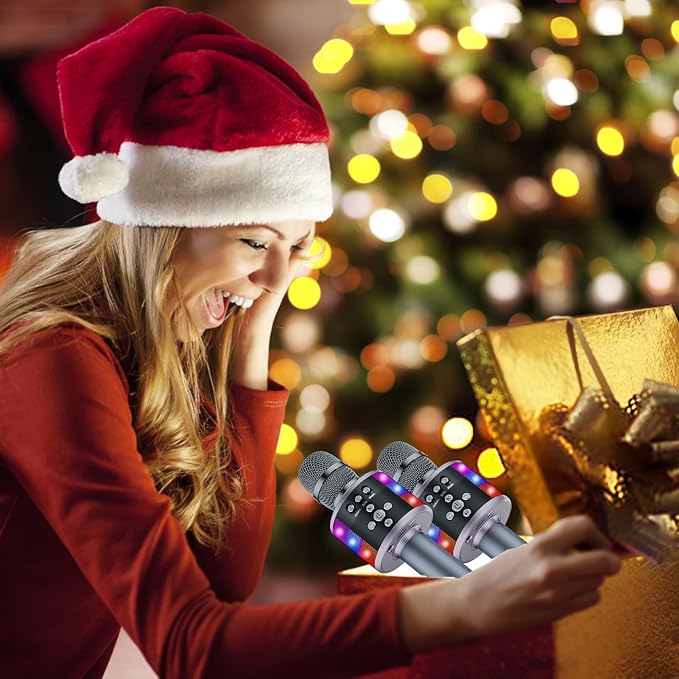 BONAOK Karaoke Microphone for Kids & Adults - Bluetooth Microphones Singing Mic with Disco Lights, Echo Effect, Built-in Speaker Portable Karaoke Player for Party Travel Gifts Q78(Space Gary)-CubbioJoy