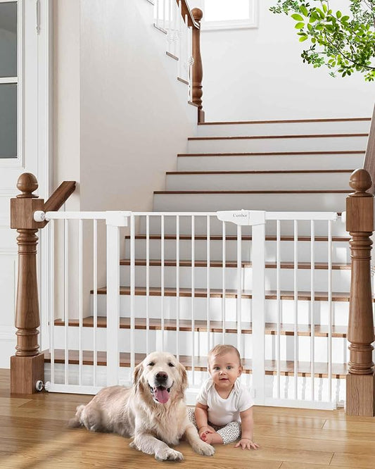 Cumbor 29.7-54.2" Wide Baby Gate for Stairs, Mom's Choice Awards Winner-Self Closing Dog Gate Indoor for Doorways, No Drilling Pressure Mounted Pet Gates for Kids, Easy Walk Through Safety Gate, White-CubbioJoy