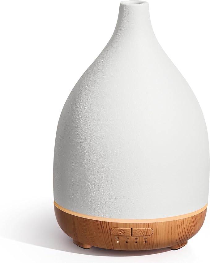 InnoGear Oil Diffuser, 300ML Ceramic Diffuser for Essential Oils Handcrafted Aromatherapy Diffuser Ultrasonic Cool Mist Humidifier with 4 Timers Waterless Auto Off for Room Office, White-CubbioJoy
