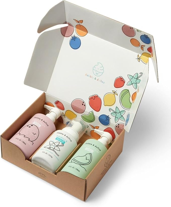 Dabble & Dollop Beachy Bundle, Natural Bubble Bath, Body Wash, Shampoo for Kids, USA-Made, Paraben & Sulfate Free, Vegan, Gluten-Free, Tear-Free, Honeydew Melon, Vanilla & Coconut (Set of 3)-CubbioJoy