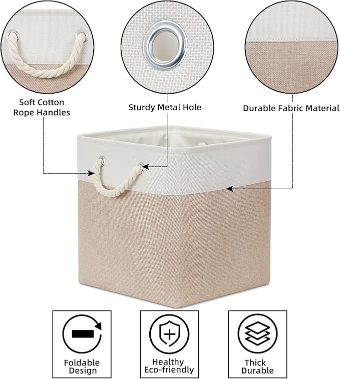 Bidtakay Fabric Storage Baskets for Organizing Beige 13 Inch Collapsible Square Baskets 3 Pack Organization Bins Large Cube Storage Bins Closet Baskets for Shelves Clothes-CubbioJoy