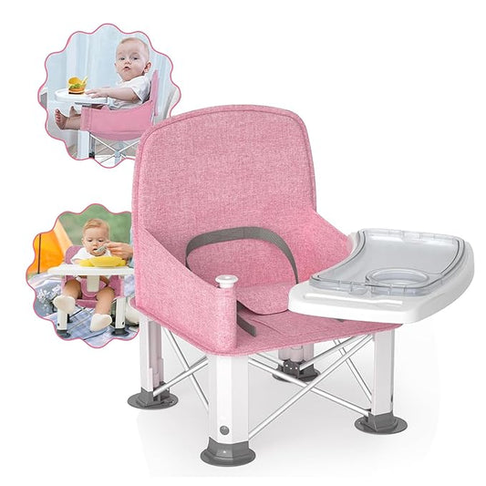 Baby Travel Booster Seat with Double Tray, BabyBond Upgraded Toddler Portable Baby Chair, Booster Seat for Dining Table, Stable and Foldable Booster Baby Chair for Indoor/Outdoor (Pink)-CubbioJoy