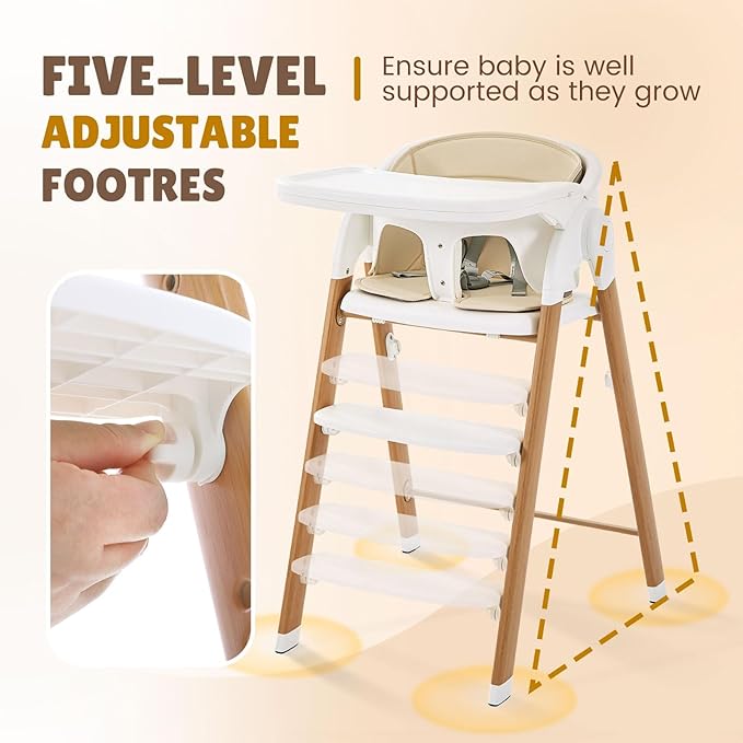 Convertible High Chairs for Babies & Toddlers. 5-in-1 Adjustable High Chair with Removable Tray, Easy to Clean, Portable (White Khaki)-CubbioJoy