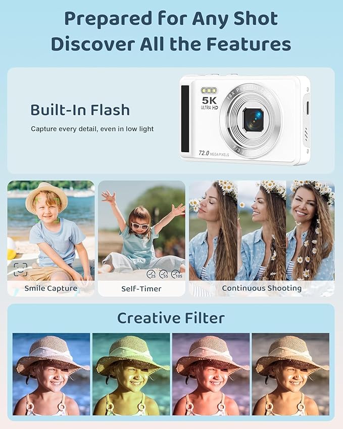 5K Digital Camera - 72MP UHD Digital Cameras for Photography - Autofocus Point and Shoot Small Camera with Flash for Kids - 2.8 Inch Screen Compact Portable Vlogging Camara with 16X Zoom, 32GB SD Card-CubbioJoy