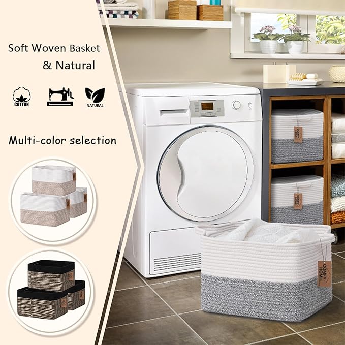 COMFY-HOMI 3-Pack Cotton Rope Woven Basket with Handles for Shelves, Book, Cloth Basket|Dog Toy Basket for Organizingy|13.5" x 11" x 9.5" for Bedroom（White/Grey）-CubbioJoy